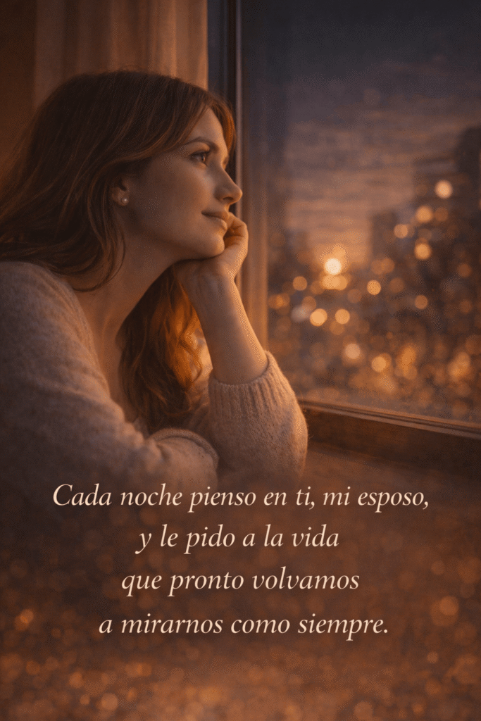 Mensaje de buenas noches para mi esposo que está lejos con frase de amor y nostalgia