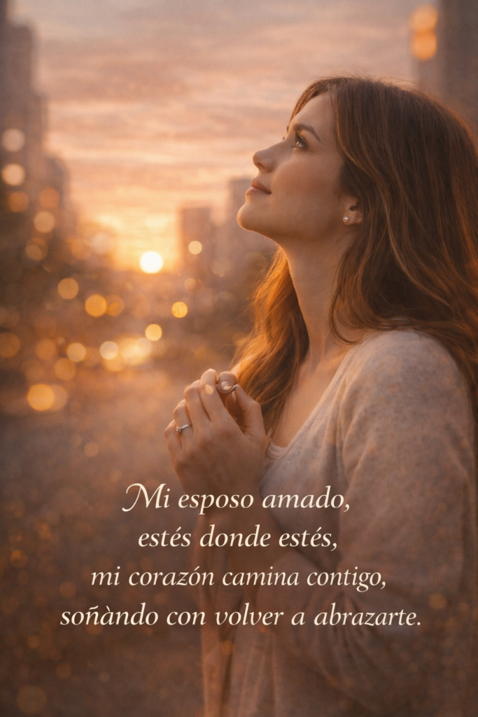 Frase romántica para esposo ausente sobre corazones unidos a pesar de la distancia.